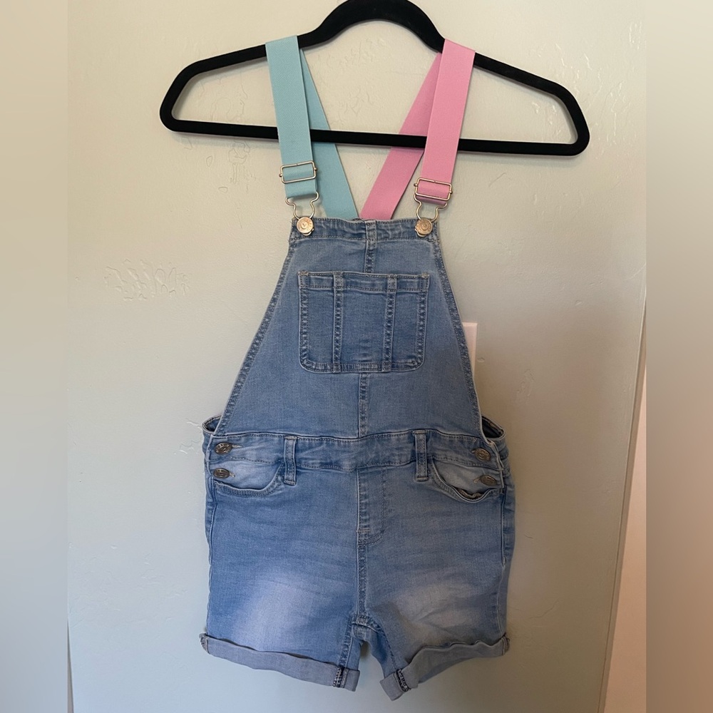 Vigoss Light Blue Denim Overalls and pink jumpsuit.